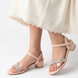 Girls' Nude Block-Heel Sandals with Rhinestone Straps
